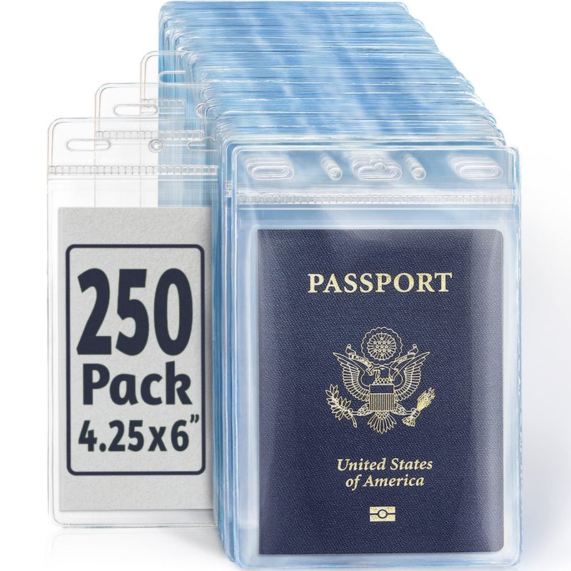 EcoEarth Passport & Identification Card Holders with Soft Edge (Clear, 4x6 Inch, 250 Pack), Extra Large Vertical ID Holder, Zipperless Plastic Name Badge Holders - Image 1